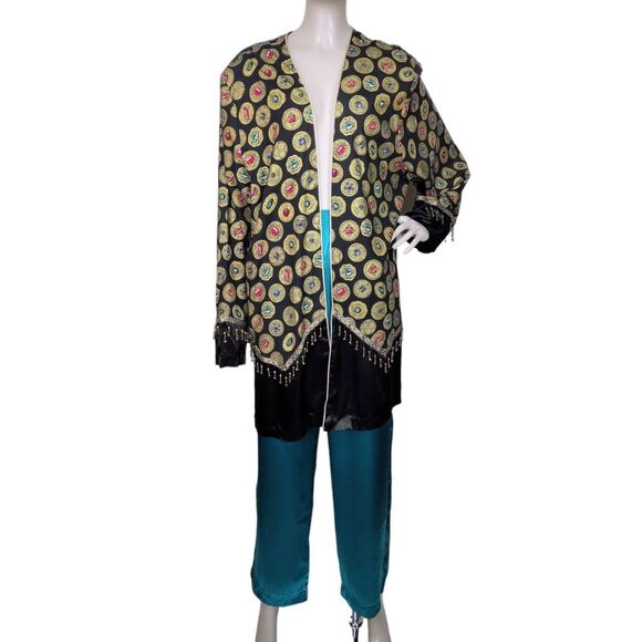 Vintage 80s Open Front Metallic Gold Jewel Coin Print Beaded Long Duster Jacket - Picture 8 of 11